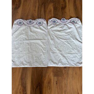 Vintage White Pillowcases With Purple & Green Crochet Floral Edge